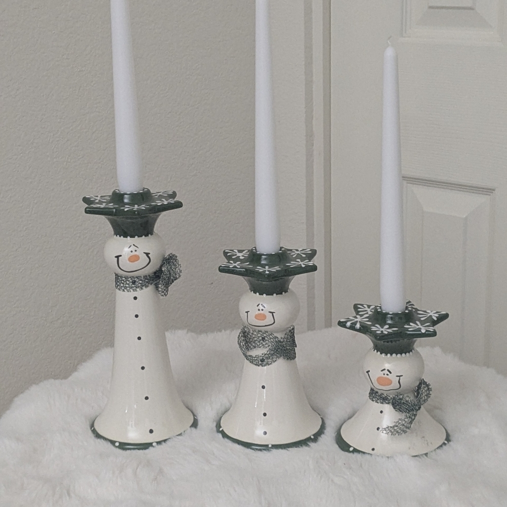 Ceramic Snowman Candle Holders Set of 3 Green White Christmas Holiday Decor